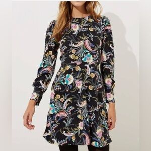 LOFT Black Long-Sleeve Paisley Floral Print Dress